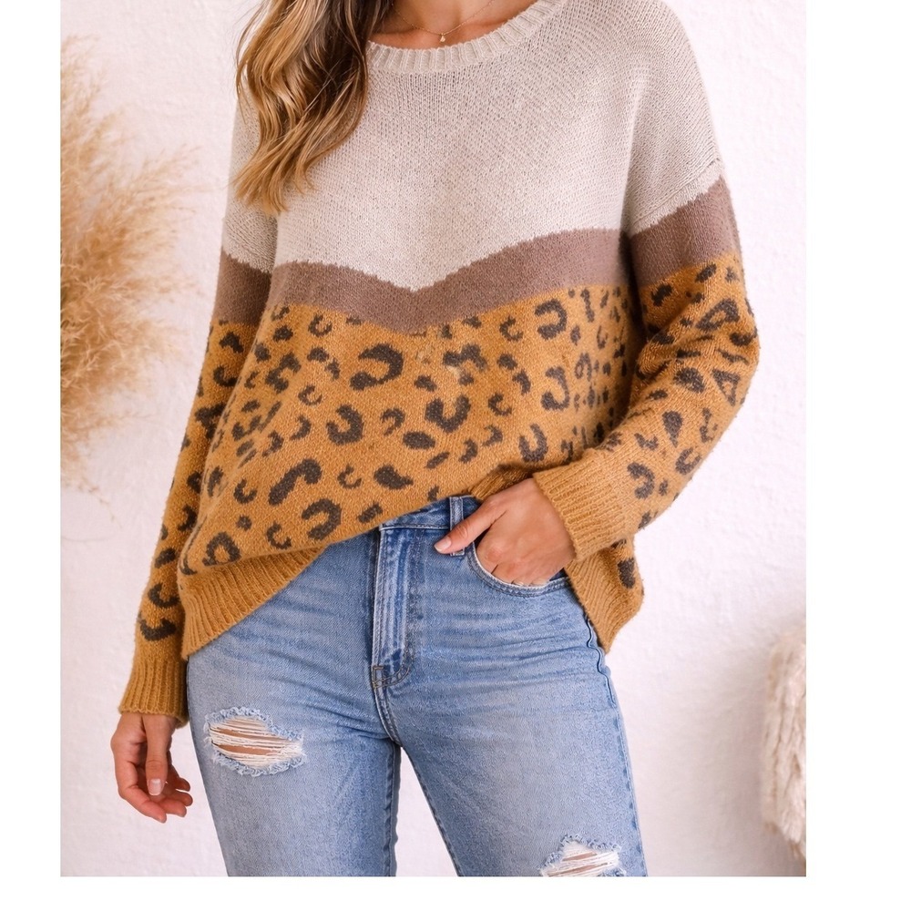 Easel Los Angeles Womens Leopard Colorblock Oversized Sweater Mustard Cream L